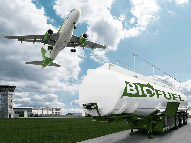 Biofuel tank, airplane and airport in - Green themed